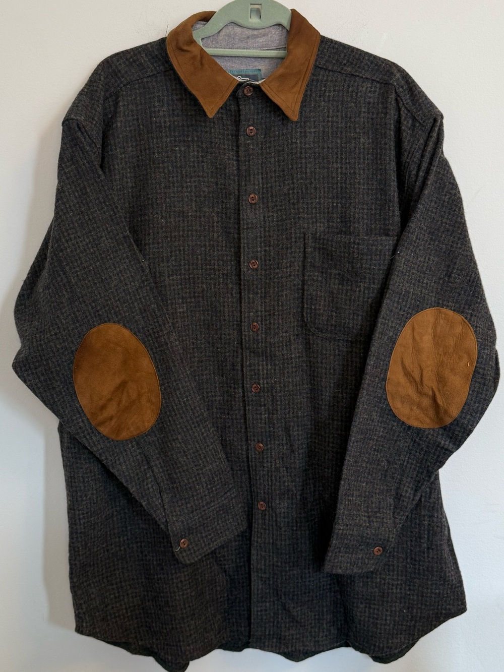 Woolrich Charcoal Button Shirt Jacket with Brown Suede Collar & Elbow Patches